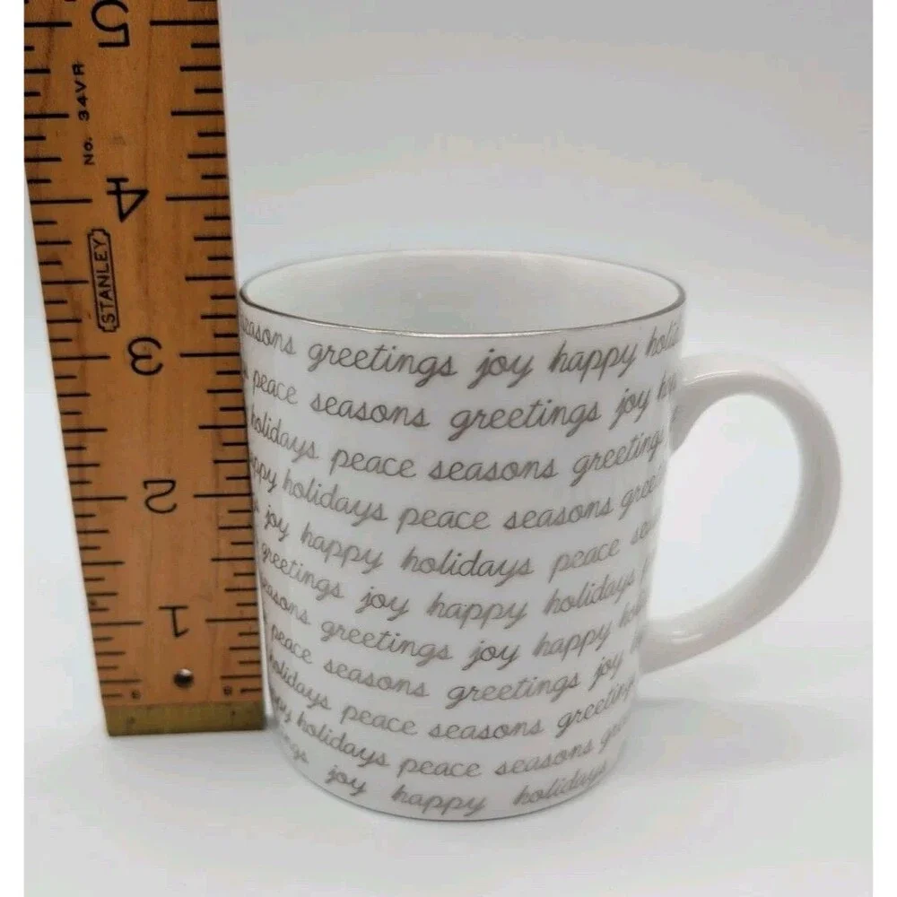 Crate& Barrel Script Mug 8 Oz Holiday Christmas Seasons Greetings Joy Peace